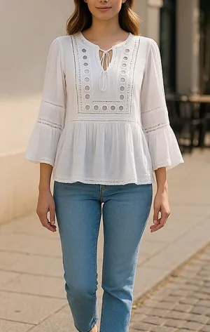 Endless Rose Crochet Tie Neck Blouse White Bell Sleeve Boho Top Size S NWT thumbnail 1