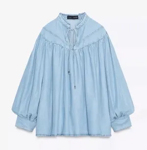 Zara Denim Blue Flowy Jeans Top(Size Large) thumbnail 1
