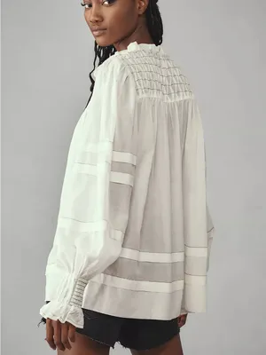 By Anthropologie Long-Sleeve Airy Babydoll Blouse white black size large thumbnail 2