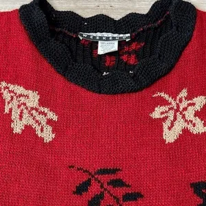 Vtg 90s Sweater‎ Womens Small Red Leaves Scalloped Hem USA Grandmacore Cabincore thumbnail 5