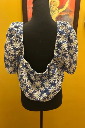 American Eagle Blue Daisy Gauzy Off Shoulder Crop Top Size XL thumbnail 2