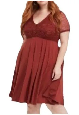 Torrid Knit And Lace Dress Size 1x Rust V Neck Casual thumbnail 1