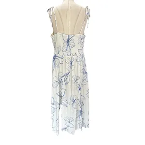 Gap Linen-Blend Smocked Corset Midi Dress Blue & White Floral Size Medium thumbnail 5