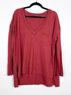 Cut‎ Loose Womens Linen Blend V-Neck Long Sleeve T-Shirt Red Oversized Medium thumbnail 1