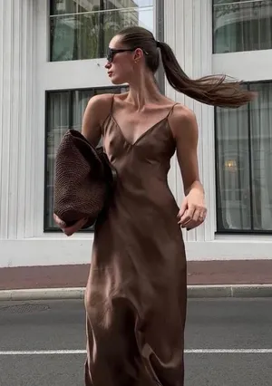 Zara dress midi maxi satin wedding lingerie chocolate brown party cocktail thumbnail 7