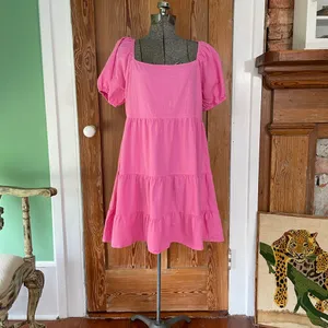 Luukse Bright Pink Tiered Babydoll Dress Puff Sleeve Cottagecore XL💛 thumbnail 3
