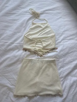 FashioNova Seashell Shore Crochet Halter Top Mini Skirt Set - Cream thumbnail 4