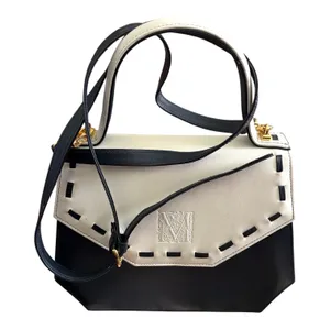Vintage Madras Leather Crossbody Bag Top Handle Navy Blue Cream M logo thumbnail 2