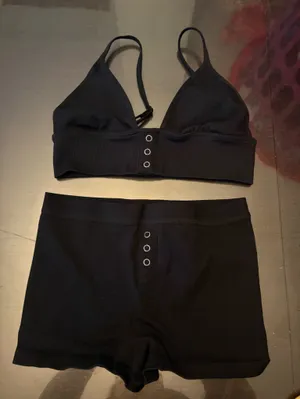 NWOT Ribbed Black Bralette & Boyshort Set with Snap-Ring Accents thumbnail 1