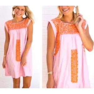 J.‎ Marie Embroidered Mini Dress Womens S Pink Orange Linen Blend Boho Summer thumbnail 2