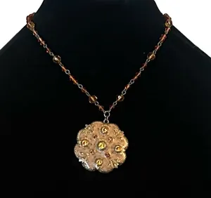 Bronze tone amber glass bead floral pendant necklace thumbnail 1