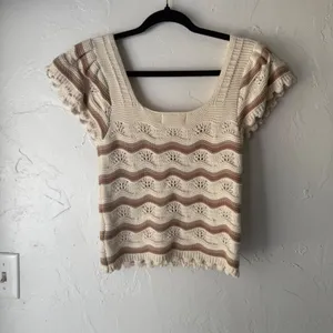 Jessica Simpson Knit Top Striped Cropped Cream Brown M Romantic Cottage Coquette thumbnail 6