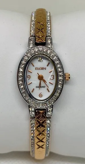 Elgin Diamond two Tone women’s watch oval 18mm Mop dial up to 7.5” running thumbnail 1