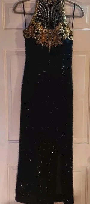 Ted LapidusBlack and Gold Strapless High Neck All Over Beaded Evening Gown Dress thumbnail 1
