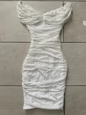 Windsor White Rhinestone Ruched Off Shoulder Bodycon Midi Dress XS NWT Holiday thumbnail 8
