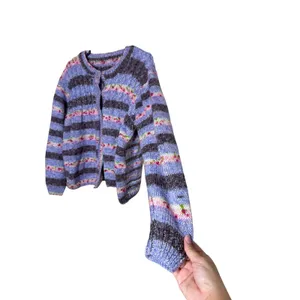 Handmade Hand Crocheted Purple Striped Cardigan 3 Button Crew Neck Sweater L/XL thumbnail 5