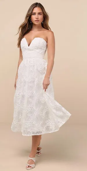 NWT LULUS | Galena Ivory Lace Applique Strapless Midi Dress, S thumbnail 1