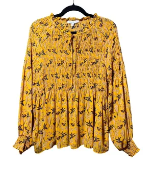Rose + Olive‎ Mustard Yellow Floral Smocked Peplum Sheer Blouse Long Sleeve M thumbnail 1