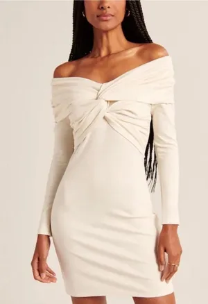 NWT Abercrombie and Fitch Long Sleeve Off-Shoulder Cream Mini Dress XXSP thumbnail 1