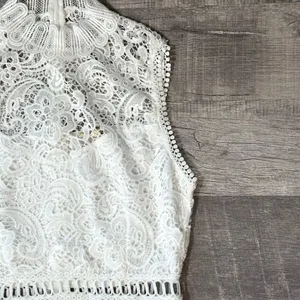 Main Strip White Crochet Lace Overlay Midi Dress M Sleeveless High Neck Bridal thumbnail 3