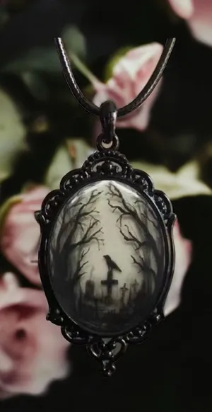 Gothic Crow Forest Cameo Pendant Necklace A Stylish‎ Rope Necklace thumbnail 1