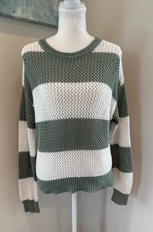 Z Supply Olive and Cream Striped Open-Knit Crew Sweater thumbnail 1