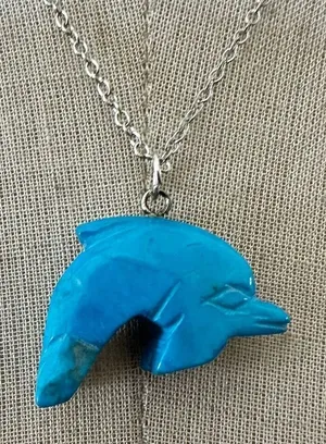 Carved Turquoise Dolphin Pendant Necklace thumbnail 1