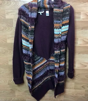 BKE Size Small Crochet Open Front Cardigan Sweater Combination Deep Burg… thumbnail 1