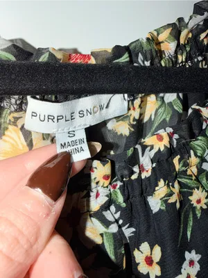 Purple Snow Black Floral Ruffle Sleeve Dress thumbnail 3