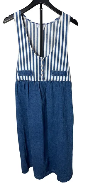 Vintage J Michelle‎ California Striped Denim Pinafore Dress Blue White Size 8 thumbnail 1