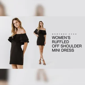 Endless Rose Ruffle Off-The-Shoulder Mini‎ Dress - Black Medium NWT thumbnail 3