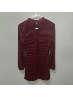 Lulus Velvet Stripe Mock Neck Mini Dress Women's S Burgundy Balloon Sleeves thumbnail 3