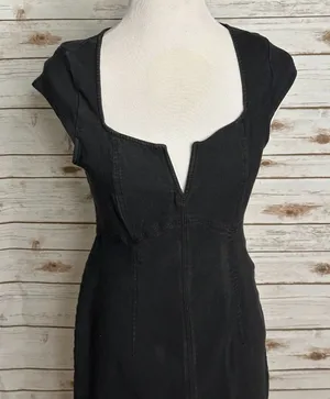Free People black sheath dress Medium notch/split V neck bodycon minimalist LBD thumbnail 2