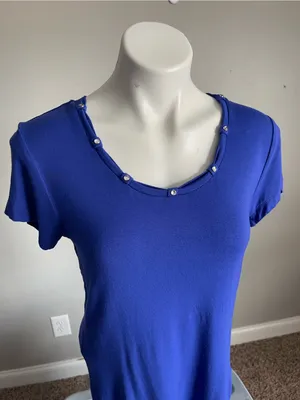 HARLEY DAVIDSON | Blue Short-Sleeve Scoop Neck Top with Beaded Trim Sz M thumbnail 2