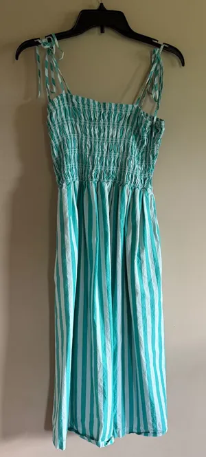 A New Day Teal White Striped Smocked Midi Dress Womens Medium Tie Shoulder Strap thumbnail 1
