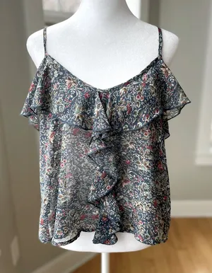 Vintage Y2K About A Girl Y2K Sheer Navy Floral Crop Ruffle Cami Tank Top Medium thumbnail 1