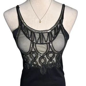 Black Sheer Mesh Embellished‎ Tank Top Boho Festival Goth Y2K Spaghetti Strap thumbnail 5