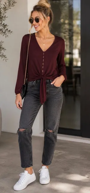 Venus Tie-Front Button-Up Boho Top 🖤 thumbnail 1