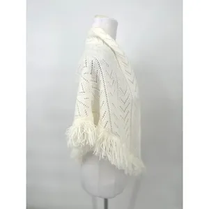 Vintage Shawl Wrap Women OS Ivory Pointelle Knit Fringe Crochet Boho Grannycore thumbnail 5