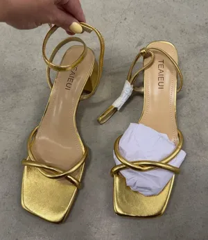 TEAIEUI Gold Metallic Strappy Block Heel Sandals Square Toe Size 9.5 TB112 thumbnail 1