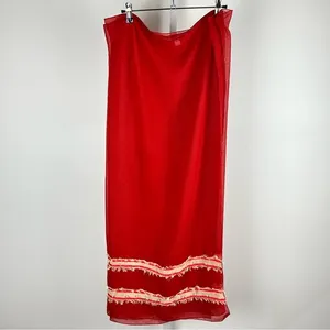Red Sheer Sarong | Beach‎ Cover-Up | Boho Fringe & Shell Detail Summer Pool Fun thumbnail 2