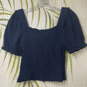 Monteau LA navy blue Square Neck shirred puff sleeve top Size M thumbnail 1