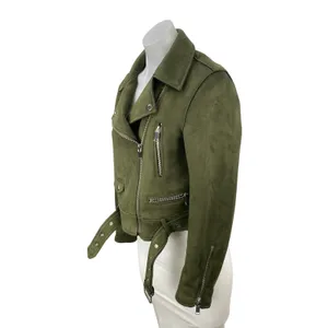Zara Women's Green Faux Suede Belted Full Zip Crop Moto Biker Coat Jacket Size M thumbnail 3
