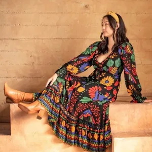 Farm Rio Black Tropical Toucan Floral V-Neck Maxi Dress XS Long Puff Sleeve Boho thumbnail 1