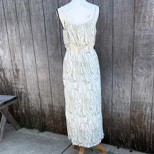 S Deer Shabby Chic Spaghetti Strap Cream & Green Print Elegant Maxi Dress Size L thumbnail 9
