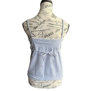 Blue White Gingham Crop Top Size S Spaghetti Strap Heart Neck Tie Back Y2K Cute thumbnail 2