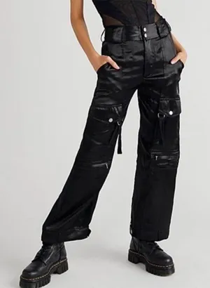 Free People Satin Cargo Pants Wide Leg Gothic Whimsical Sz Medium Baggy thumbnail 1