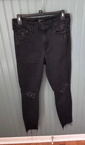 Mother Denim Black Distressed High Rise‎ Skinny Jeans Raw Hem Size 29 thumbnail 1