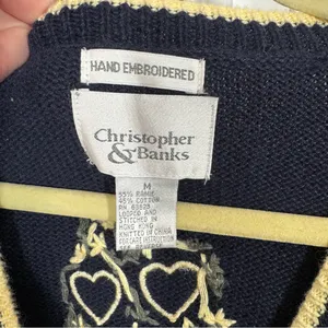 Vtg Hand-knit Christopher & Banks Sweater Vest Navy Yellow Hearts Flowers‎ thumbnail 2