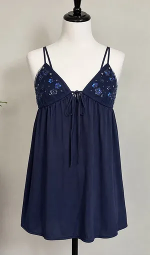 Wild‎ Fable Navy Blue Sequin Floral Babydoll Mini Dress Size Small Feminine Boho thumbnail 1